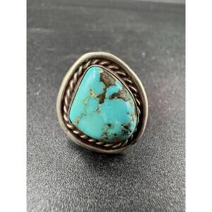 Vintage Navajo Turquoise Ring Sterling Silver Natural Stone Matrix Twisted Rope